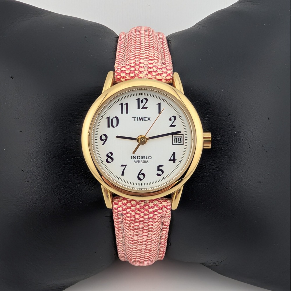 Timex Indiglo Date Gold Tone White Dial Red Check Strap Women's Watch 24mm WR